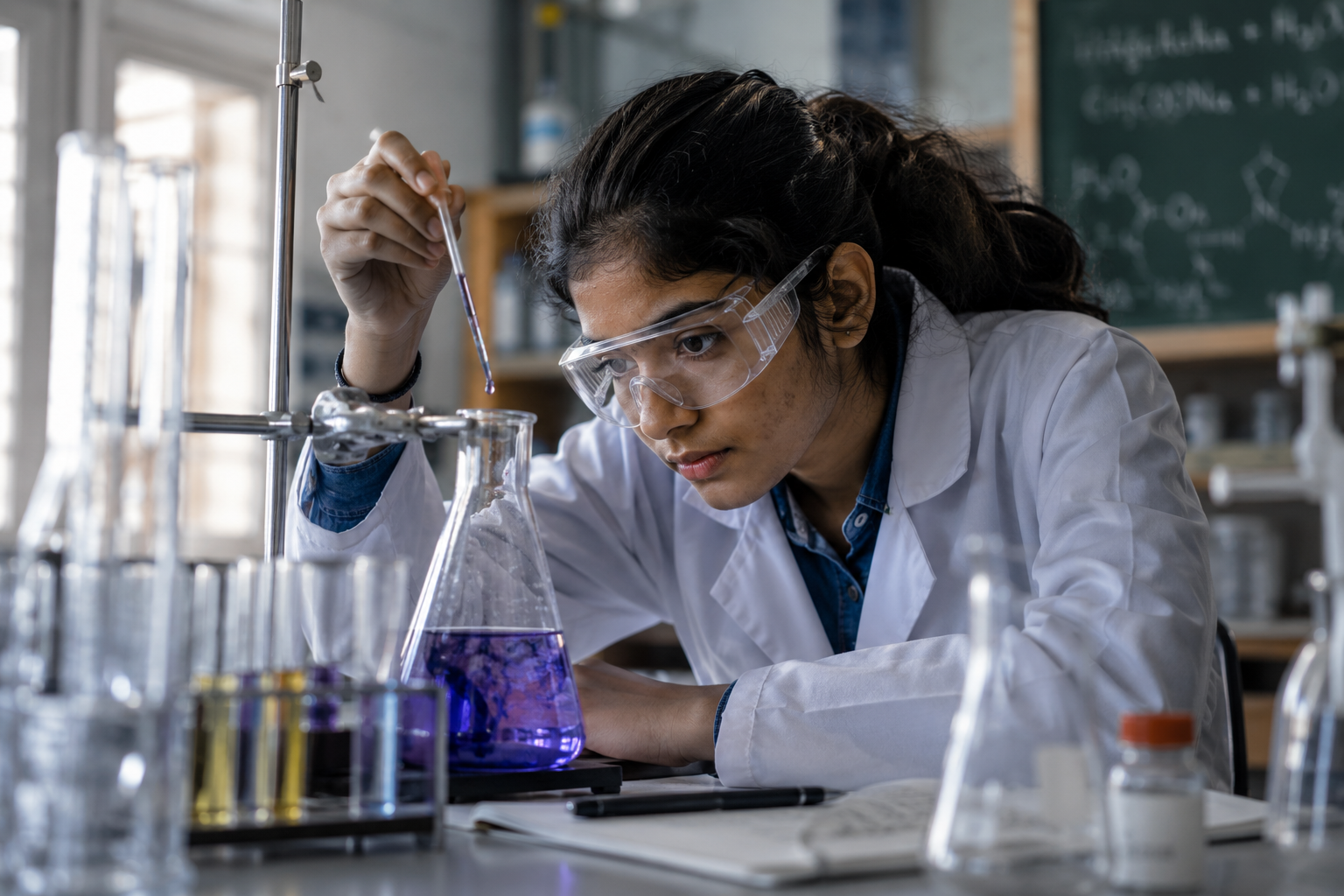 Student focused on chemistry experiment in real lab